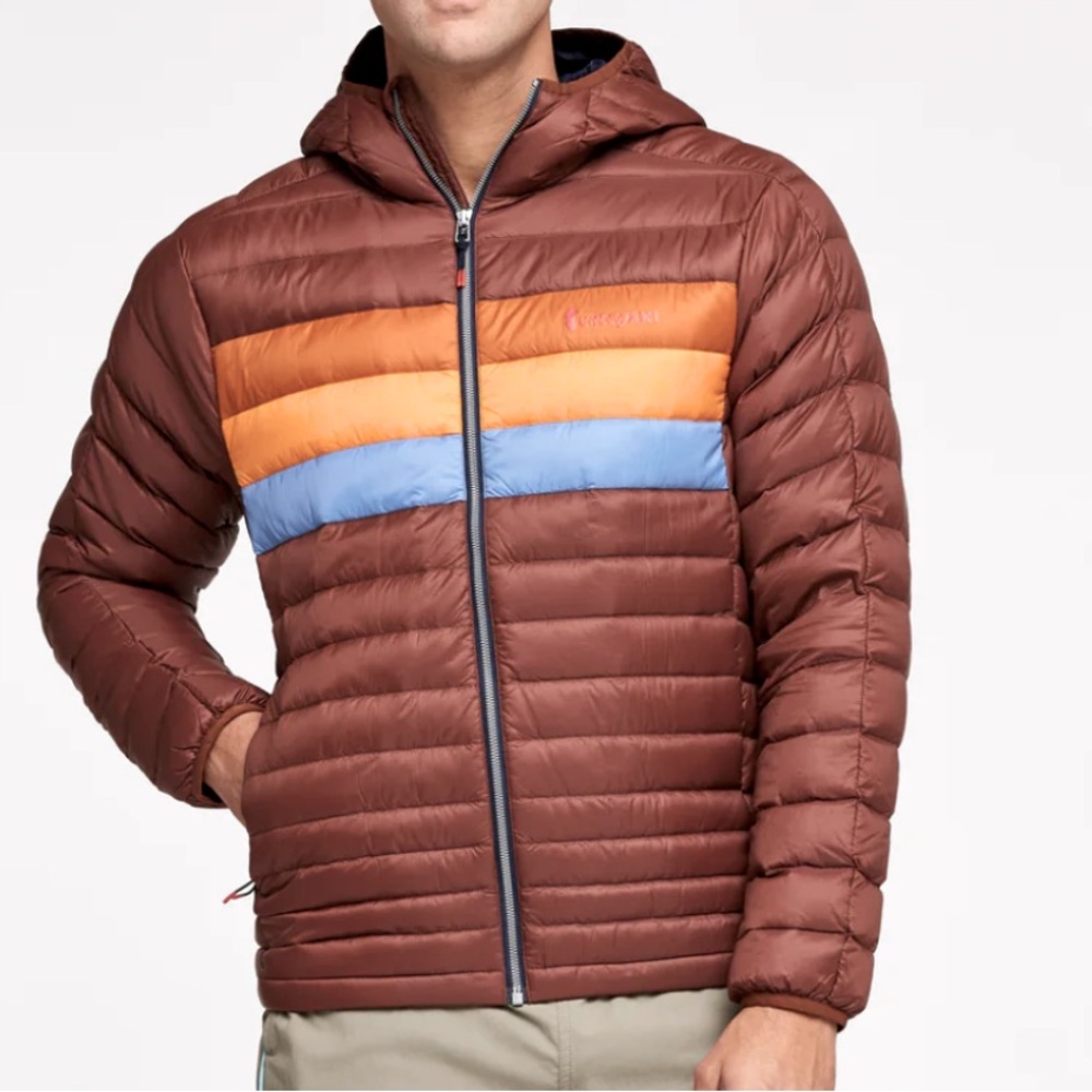 cotopaxi Brown Hooded Puffer Jacket with Orange and Light Blue Stripes
